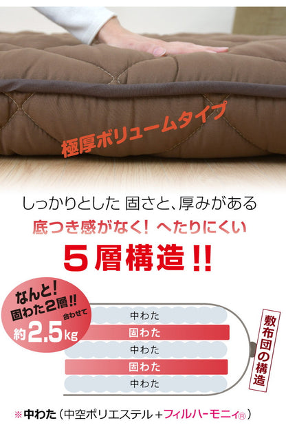極厚日本製敷布団 5層構造 シングルロング 抗菌 防ダニ 防臭 速乾 東洋紡フィルハーモニー綿使用 底付き感なし ほこりが出にくい オゾン加工 除菌 防臭 国産 圧縮梱包 敷布団 布団(代引不可)