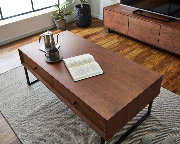 センターテーブル 幅120cm 長方形 コーヒーテーブル タモ ウォールナット 天然木 木製 木目調 スチール ローテーブル 収納付き 引き出し付き コンパクト おしゃれ 北欧 一人暮らし 新生活(代引不可)