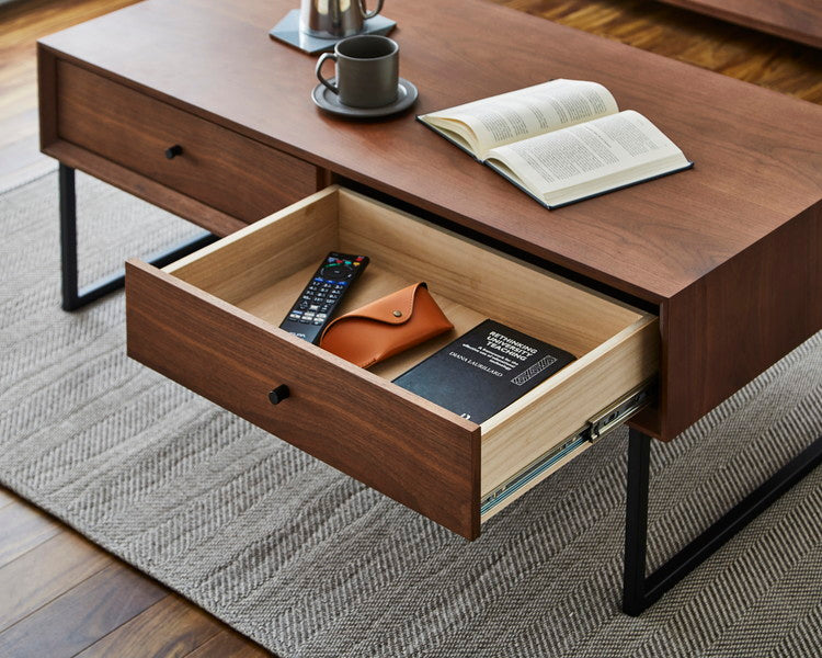センターテーブル 幅120cm 長方形 コーヒーテーブル タモ ウォールナット 天然木 木製 木目調 スチール ローテーブル 収納付き 引き出し付き コンパクト おしゃれ 北欧 一人暮らし 新生活(代引不可)