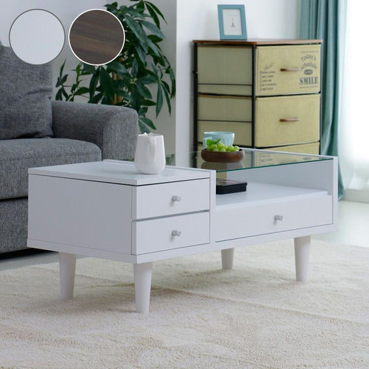 テーブルドレッサー 幅95 完成品 コンパクト 95×45 引き出し 収納 ガラス天板 センターテーブル リビングテーブル 白 ホワイト 北欧 韓国インテリア おしゃれ(代引不可)