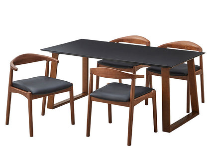 ダイニングテーブルセット 天然木 ダイニング5点セット 無垢集成材 ウォールナット 4人掛け 160×80 スクエア脚 肘付 おしゃれ テーブル チェア 4脚(代引不可)