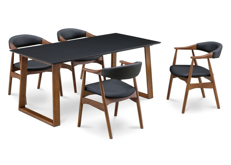 ダイニングテーブルセット 天然木 ダイニング5点セット 無垢集成材 ウォールナット 肘付き ヒジツキ 肘 4人掛け 160×80 スクエア脚 肘付 おしゃれ テーブル チェア 4脚(代引不可)