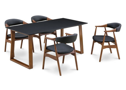 ダイニングテーブルセット 天然木 ダイニング5点セット 無垢集成材 ウォールナット 肘付き ヒジツキ 肘 4人掛け 160×80 スクエア脚 肘付 おしゃれ テーブル チェア 4脚(代引不可)