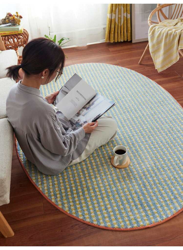 ラグ 130×185cm 楕円 ウォッシャブル 日本製 ドライクリーニング メディカルストップ 耐熱 F☆☆☆☆ おしゃれ 北欧 かわいい 丸形 リビング DESIGN LIFE RETORO CHECK RUG レトロチェックラグ(代引不可)