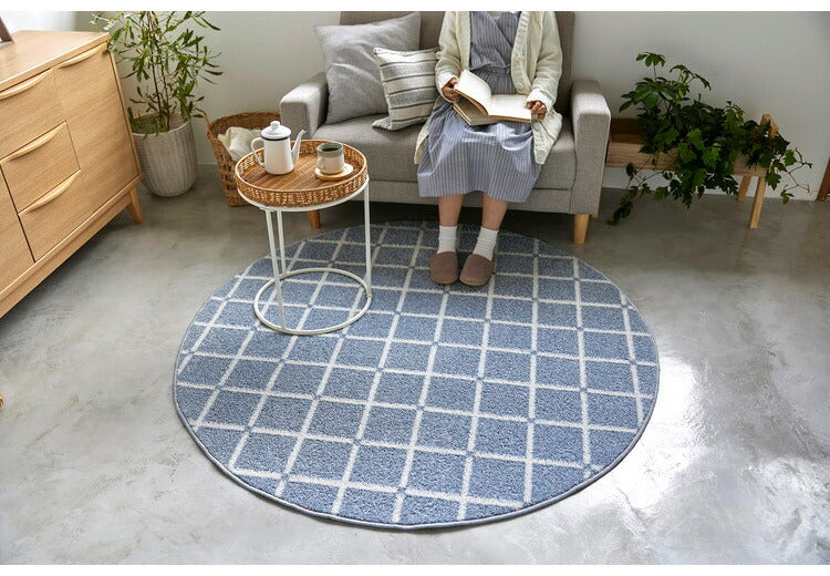日本製 ラグ 円形 直径150cm 丸 滑り止め オセロ チェック柄 カラーライン タフトラグ ブルー オレンジ ホワイト 国産 スミノエ Suminoe 北欧 モダン シンプル おしゃれ(代引不可)