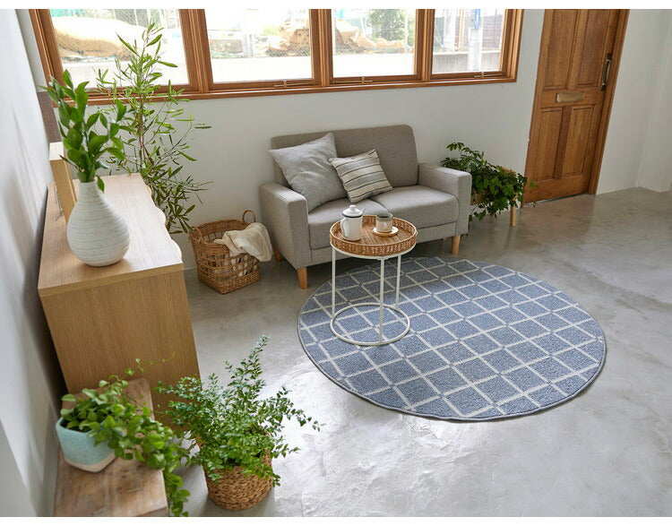 日本製 ラグ 円形 直径150cm 丸 滑り止め オセロ チェック柄 カラーライン タフトラグ ブルー オレンジ ホワイト 国産 スミノエ Suminoe 北欧 モダン シンプル おしゃれ(代引不可)