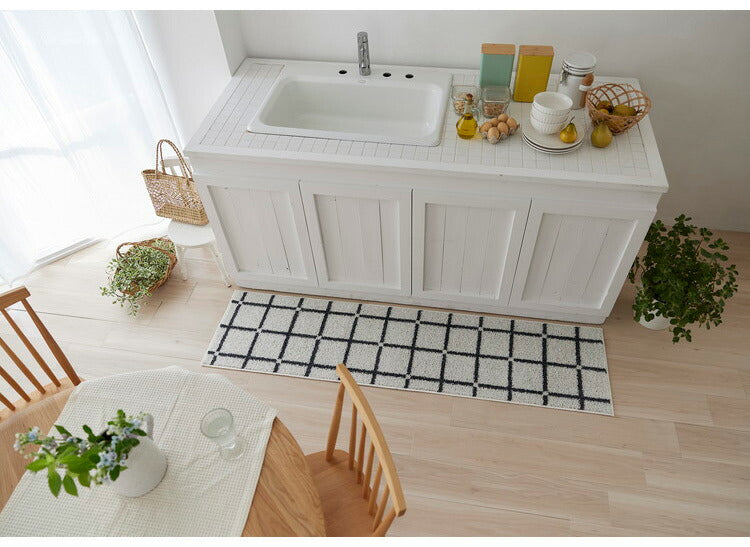 日本製 ラグ 45×180cm キッチンマット 滑り止め オセロ チェック柄 カラーライン タフトラグ ブルー オレンジ ホワイト 国産 スミノエ Suminoe 北欧 モダン シンプル(代引不可)