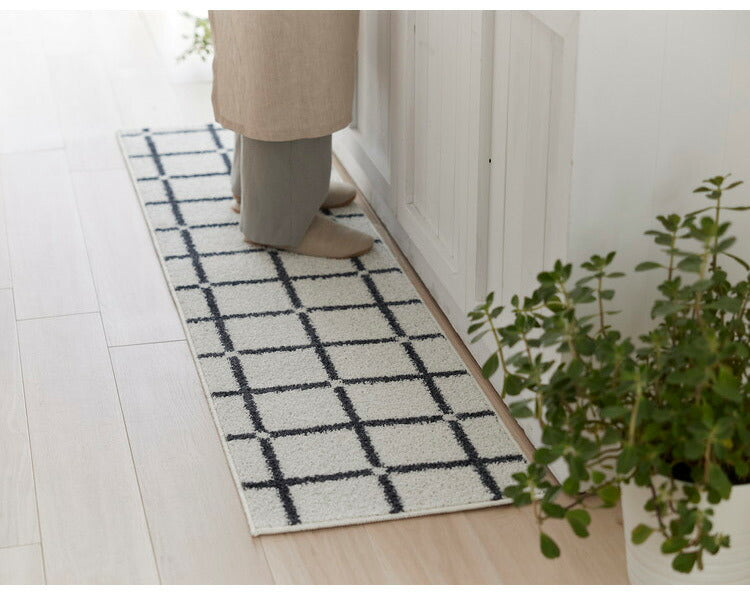 日本製 ラグ 45×180cm キッチンマット 滑り止め オセロ チェック柄 カラーライン タフトラグ ブルー オレンジ ホワイト 国産 スミノエ Suminoe 北欧 モダン シンプル(代引不可)