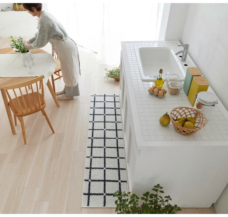 日本製 ラグ 45×180cm キッチンマット 滑り止め オセロ チェック柄 カラーライン タフトラグ ブルー オレンジ ホワイト 国産 スミノエ Suminoe 北欧 モダン シンプル(代引不可)