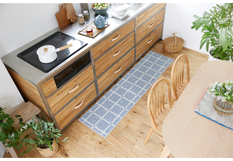 日本製 ラグ 45×180cm キッチンマット 滑り止め オセロ チェック柄 カラーライン タフトラグ ブルー オレンジ ホワイト 国産 スミノエ Suminoe 北欧 モダン シンプル(代引不可)