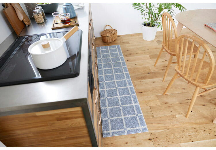 日本製 ラグ 45×180cm キッチンマット 滑り止め オセロ チェック柄 カラーライン タフトラグ ブルー オレンジ ホワイト 国産 スミノエ Suminoe 北欧 モダン シンプル(代引不可)