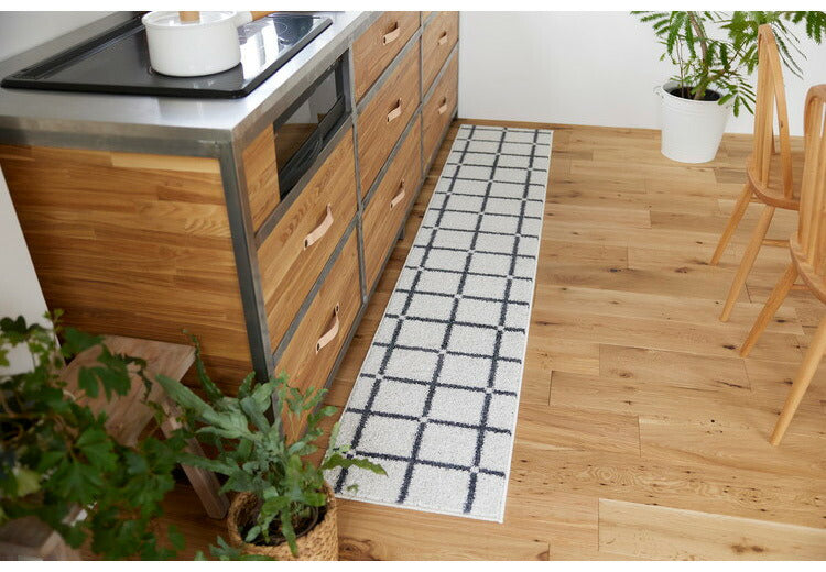 日本製 ラグ 45×240cm キッチンマット 滑り止め オセロ チェック柄 カラーライン タフトラグ ブルー オレンジ ホワイト 国産 スミノエ Suminoe 北欧 モダン シンプル(代引不可)