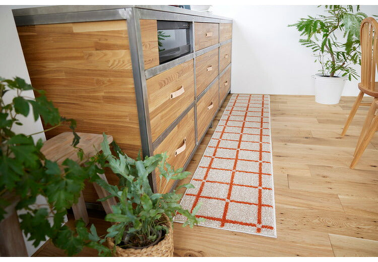 日本製 ラグ 45×240cm キッチンマット 滑り止め オセロ チェック柄 カラーライン タフトラグ ブルー オレンジ ホワイト 国産 スミノエ Suminoe 北欧 モダン シンプル(代引不可)