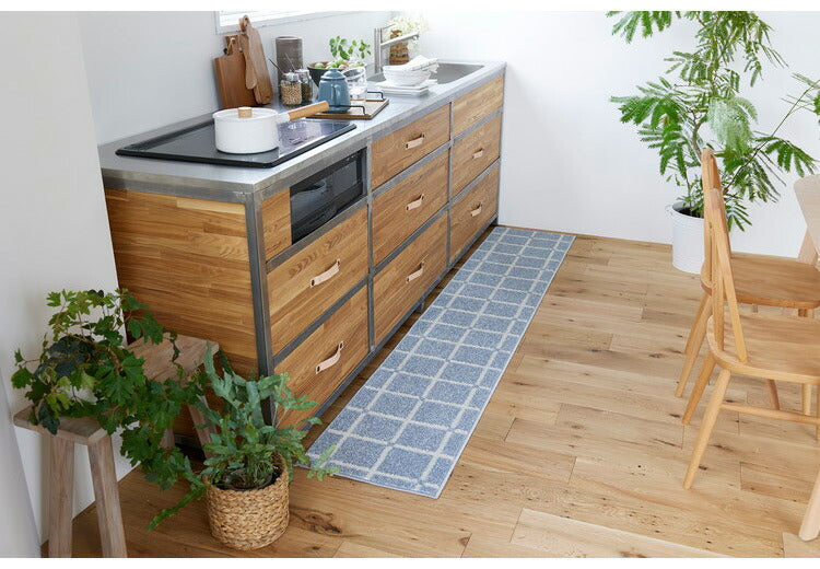 日本製 ラグ 45×240cm キッチンマット 滑り止め オセロ チェック柄 カラーライン タフトラグ ブルー オレンジ ホワイト 国産 スミノエ Suminoe 北欧 モダン シンプル(代引不可)