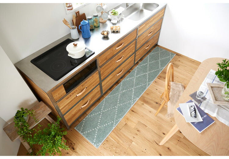 日本製 ラグ 45×240cm キッチンマット 滑り止め ポント モロッカン模様 アクセント カラーライン タフトラグ ベージュ グリーン ブルーグレー 国産 スミノエ Suminoe(代引不可)