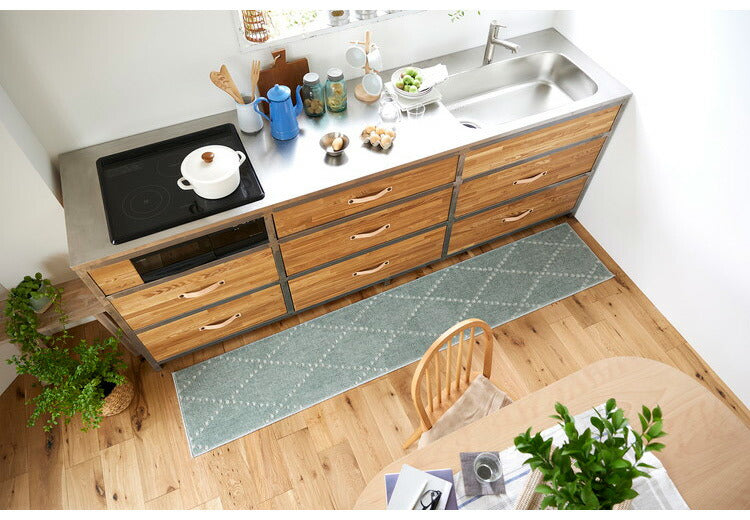 日本製 ラグ 45×240cm キッチンマット 滑り止め ポント モロッカン模様 アクセント カラーライン タフトラグ ベージュ グリーン ブルーグレー 国産 スミノエ Suminoe(代引不可)