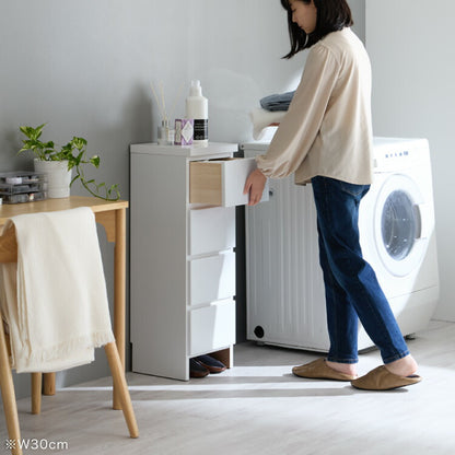 ランドリー収納 完成品 国産 幅35cm 薄型 ロータイプ 収納 隙間収納 ランドリーラック ストッパー付き引き出し オープン棚板 耐震ダボ チェスト 省スペース 隙間 大川家具(代引不可)