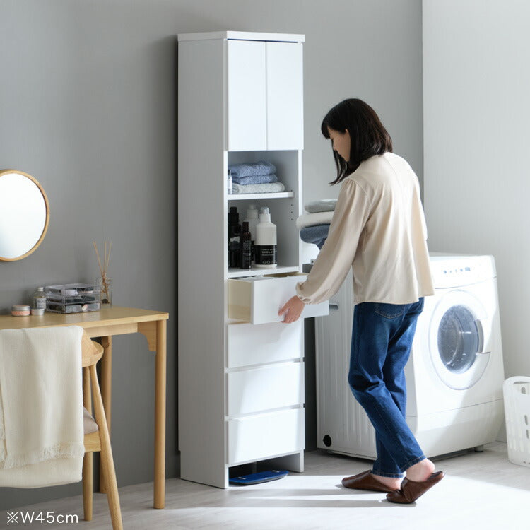 ランドリー収納 完成品 国産 幅40cm 薄型 ハイタイプ 収納 隙間収納 ランドリーラック ストッパー付き引き出し オープン棚板 耐震ダボ チェスト 省スペース 隙間 大川家具(代引不可)