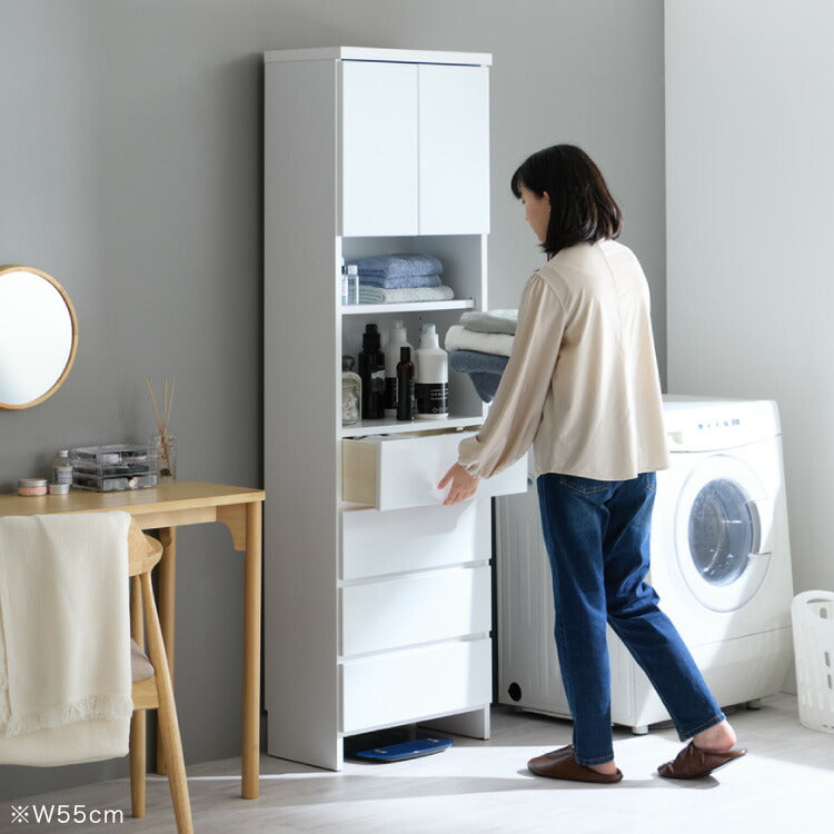 ランドリー収納 完成品 国産 幅60cm 薄型 ハイタイプ 収納 隙間収納 ランドリーラック ストッパー付き引き出し オープン棚板 耐震ダボ チェスト 省スペース 隙間 大川家具(代引不可)