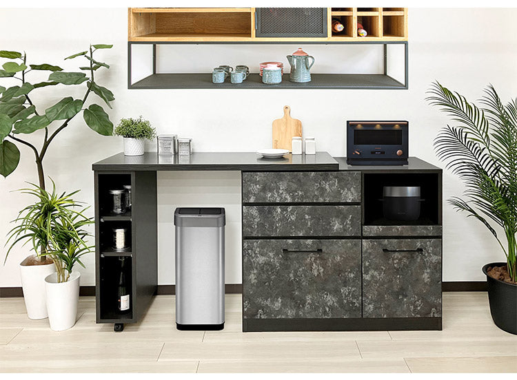 キッチンカウンター 幅120cm キッチンワゴン 収納 キッチン 伸縮可能 ロータイプ 日本製 お客様一部組み立て品 引き出し付き フルスライドレール(代引不可)