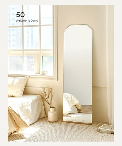 roomhome×リコメン堂 ミラーポントワイド  全身鏡   高さ150cm×40cm 姿見 鏡 天然オーク材 ６角 スタンドミラー アンティークミラー 全身ミラー 飛散防止 六角形 フレームレス ルームアンドホーム(代引不可)