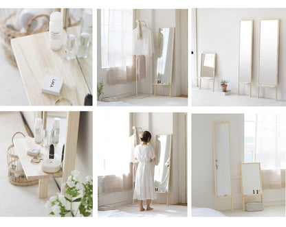 Roomnhome 棚付き 姿見 ミラー 全身 スタンドミラー 30×159×16.5cm 収納付 ドレッサー 化粧鏡 化粧ミラー 全身鏡 収納 フィンランド産パイン材使用 飛散防止 【公式販売店】(代引不可)
