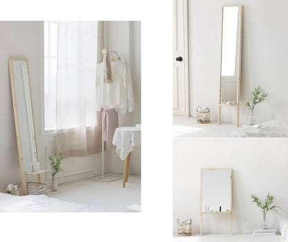 Roomnhome 棚付き 姿見 ミラー 全身 スタンドミラー 30×159×16.5cm 収納付 ドレッサー 化粧鏡 化粧ミラー 全身鏡 収納 フィンランド産パイン材使用 飛散防止 【公式販売店】(代引不可)