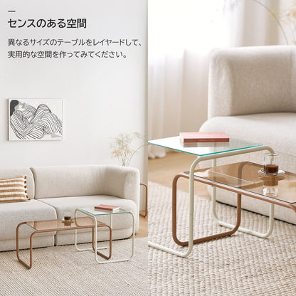 roomnhome ガラス サイドテーブル 幅50 テーブル スチール ミッドセンチュリー ダイニングテーブル センターテーブル 机 デスク ソファテーブル リビングテーブル おしゃれ 棚付き