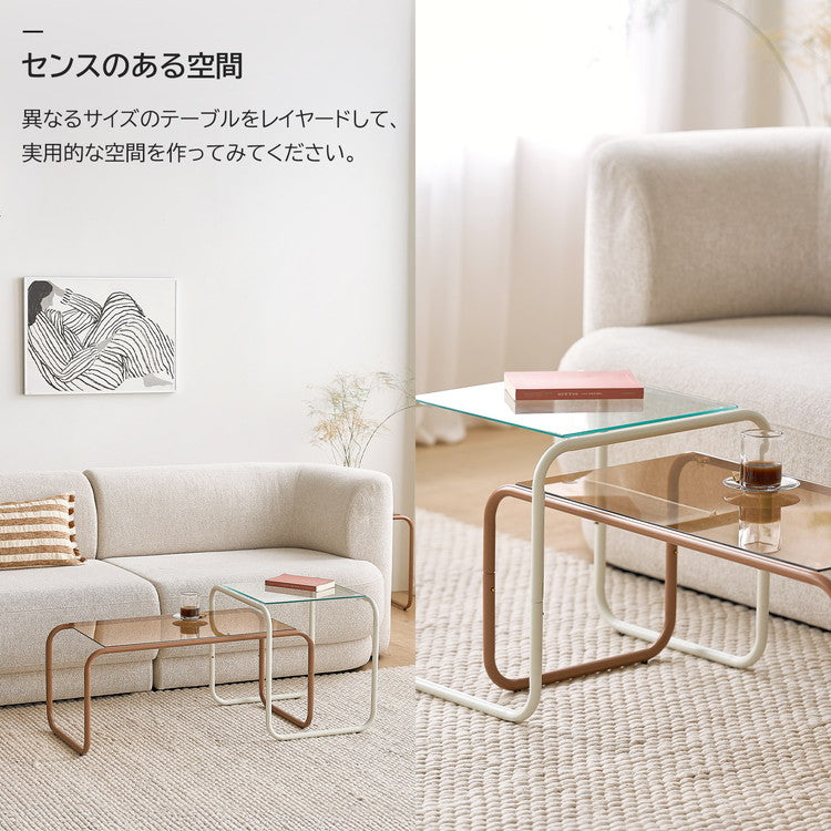 roomnhome ガラス サイドテーブル 幅80 テーブル セット スチール ミッドセンチュリー ダイニングテーブル センターテーブル 机 デスク ソファテーブル リビングテーブル おしゃれ 棚付き