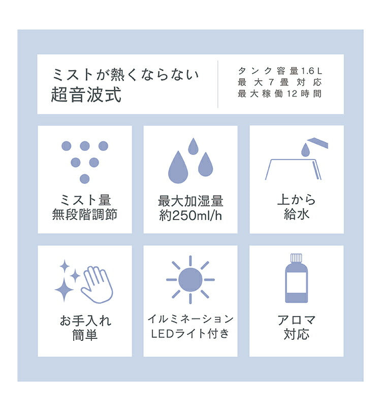超音波加湿器 アロマ対応 超音波式 1.6L ミスト量無段階調節 上部給水 LEDライト付 静音 省エネ ホワイト ブラウン 木目 オフィス おしゃれ 卓上 据え置き 上から給水 上部給水式加湿器 上部給水型加湿器 アロマ加湿器