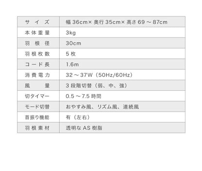 リビングファン リモコン付き 30cm 5枚羽根 首振り 風量3段階 タイマー 静音 高さ調節 フラットガード 扇風機