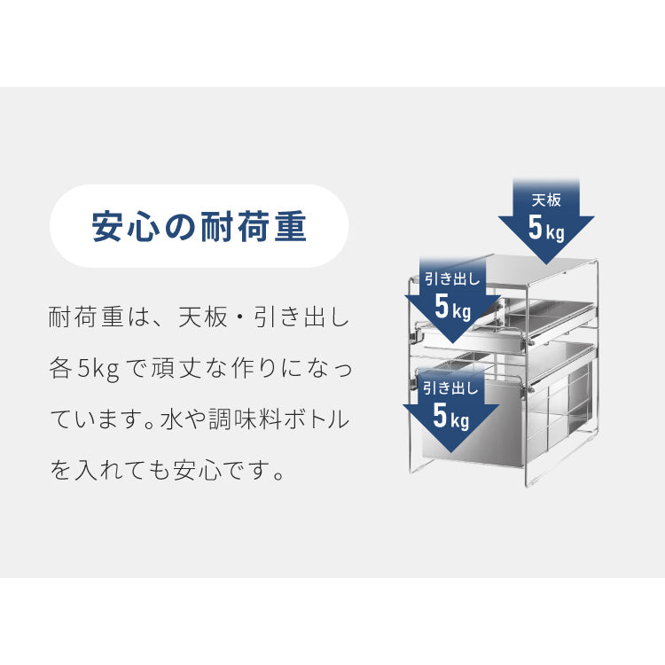 日本製 燕三条 シンク下 スムーズ引き出しラック 2段 幅25cm 頑丈 シンク下収納バスケット ステンレス製 シンク下収納 スライド ラック キッチン収納 引出し 隙間収納 すき間収納 おしゃれ(代引不可)