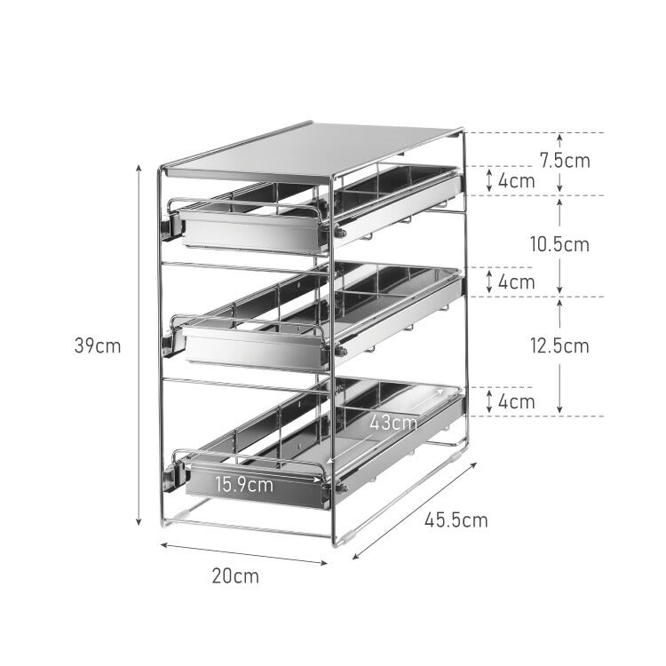 日本製 燕三条 シンク下 スムーズ引き出しラック 3段 幅20cm 頑丈 シンク下収納バスケット ステンレス製 シンク下収納 スライド ラック キッチン収納 引出し 隙間収納 すき間収納 おしゃれ(代引不可)