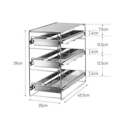 日本製 燕三条 シンク下 スムーズ引き出しラック 3段 幅20cm 頑丈 シンク下収納バスケット ステンレス製 シンク下収納 スライド ラック キッチン収納 引出し 隙間収納 すき間収納 おしゃれ(代引不可)