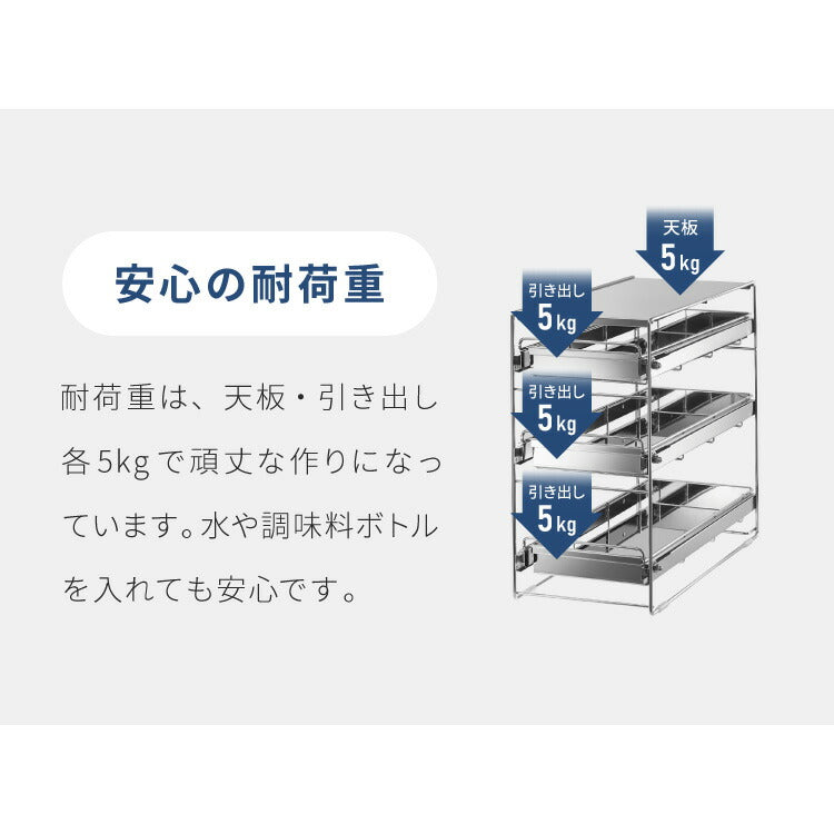 日本製 燕三条 シンク下 スムーズ引き出しラック 3段 幅20cm 頑丈 シンク下収納バスケット ステンレス製 シンク下収納 スライド ラック キッチン収納 引出し 隙間収納 すき間収納 おしゃれ(代引不可)