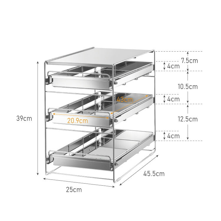 日本製 燕三条 シンク下 スムーズ引き出しラック 3段 幅25cm 頑丈 シンク下収納バスケット ステンレス製 シンク下収納 スライド ラック キッチン収納 引出し 隙間収納 すき間収納 おしゃれ(代引不可)