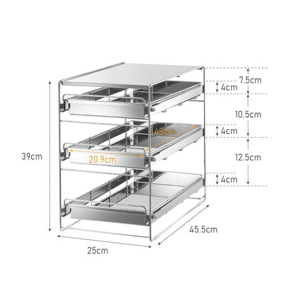 日本製 燕三条 シンク下 スムーズ引き出しラック 3段 幅25cm 頑丈 シンク下収納バスケット ステンレス製 シンク下収納 スライド ラック キッチン収納 引出し 隙間収納 すき間収納 おしゃれ(代引不可)