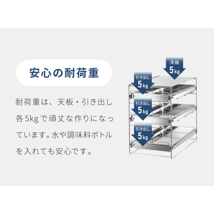 日本製 燕三条 シンク下 スムーズ引き出しラック 3段 幅25cm 頑丈 シンク下収納バスケット ステンレス製 シンク下収納 スライド ラック キッチン収納 引出し 隙間収納 すき間収納 おしゃれ(代引不可)
