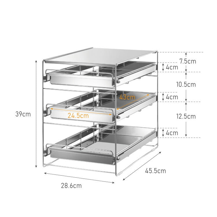 日本製 燕三条 シンク下 スムーズ引き出しラック 3段 幅28.6cm 頑丈 シンク下収納バスケット ステンレス製 シンク下収納 スライド ラック キッチン収納 引出し 隙間収納 すき間収納 おしゃれ(代引不可)