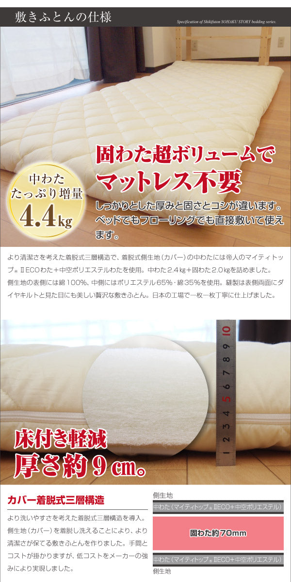 着脱式 敷き布団 マイティトップ シングル 日本製 着脱式 敷き布団 防ダニ 抗菌防臭 国産 テイジン ウォッシャブル