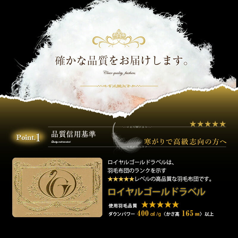 日本製 増量1.1kg ダウン93% 羽毛布団 シングル オゾン加工 殺菌 【生地おまかせ】 (ロイヤル ゴールドラベル) シングルロング