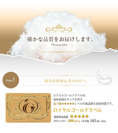日本製 羽毛布団 羽毛ふとん 増量 1.55kg ホワイトダックダウン 93% 防ダニ 超やわ生地 ダブルロング パイピング有り 国産 400dp以上 掛け布団 掛布団 立体キルトロイヤルゴールドラベル