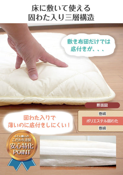 小さめ 3層敷布団 テイジン SS 80×200cm 日本製 こだわり セミシングルショート 抗菌防臭 防ダニ ロフトベッド ジュニア布団 敷布団 固綿 ボリューム 洗える 軽量 二段ベッド 子供用 三つ折り