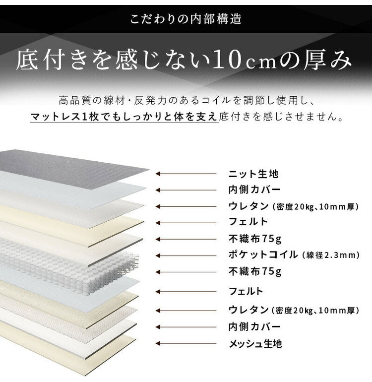 ポケットコイルマットレス 厚み10cmシングル 洗えるカバー 三つ折り ニット生地 メッシュ生地 リバーシブル 折りたたみ 3つ折り ブラック ベッドマットレス ベッドマット 寝具 布団 圧縮ロール