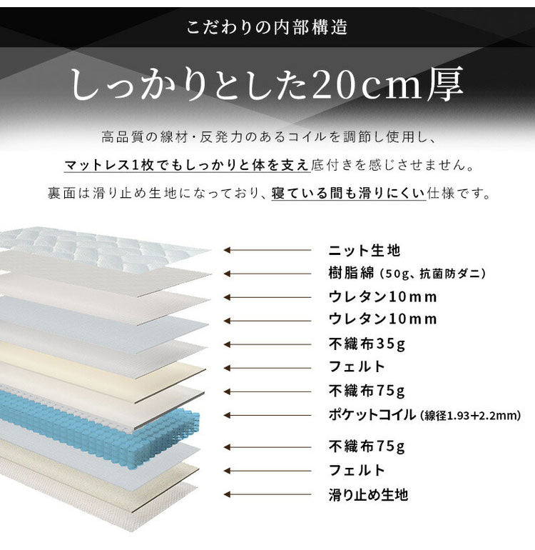 トリプルエッジサポート コイルマットレス 厚み20cm マットレス ポケットコイルマットレス ダブル ニット生地 3Dメッシュ生地 ベッドマットレス ベッドマット 寝具 布団 通気性 新生活