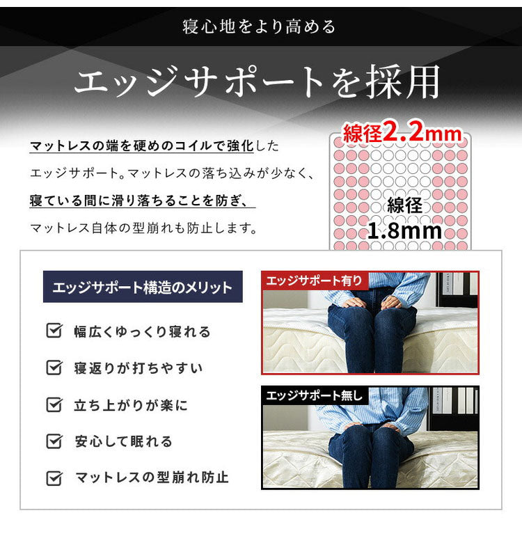 トリプルエッジサポート付き 厚み20cm マットレス ポケットコイルマットレス セミダブル ニット生地ベッドマットレス ベッドマット 寝具 布団 体圧分散 ホワイト ブラック コイルマットレス