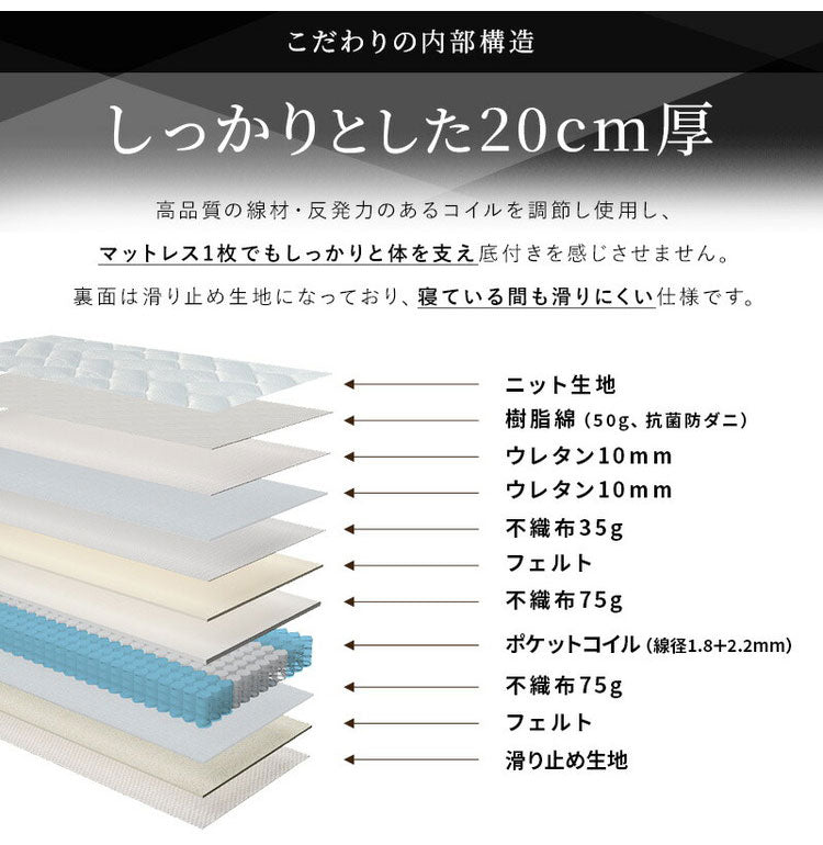 トリプルエッジサポート付き 厚み20cm マットレス ポケットコイルマットレス セミシングルショート ニット生地ベッドマットレス ベッドマット 寝具 布団 体圧分散 ホワイト ブラック コイルマットレス