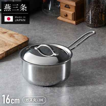 日本製 燕三条 ステンレス3層片手鍋 16cm IH対応 蓋付き 全面鏡面仕上げ ガス火OK アルミクラッド 三層鋼 鍋 フッ素不使用 SUS304 ステンレス製 フライパン シモリュウ プラジュール