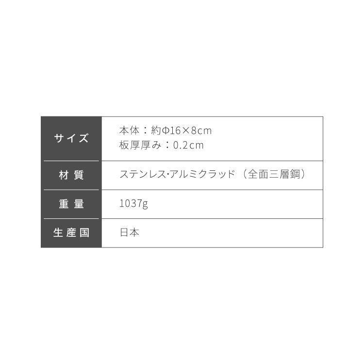 日本製 燕三条 ステンレス3層片手鍋 16cm IH対応 蓋付き 全面鏡面仕上げ ガス火OK アルミクラッド 三層鋼 鍋 フッ素不使用 SUS304 ステンレス製 フライパン シモリュウ プラジュール