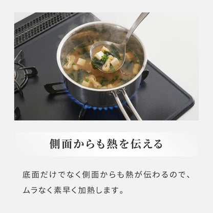 日本製 燕三条 ステンレス3層片手鍋 16cm IH対応 蓋付き 全面鏡面仕上げ ガス火OK アルミクラッド 三層鋼 鍋 フッ素不使用 SUS304 ステンレス製 フライパン シモリュウ プラジュール